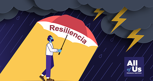 Una ilustración muestra a una persona caminando con un paraguas bajo una tormenta de lluvia con relámpagos. El paraguas está etiquetado con la palabra “resiliencia”. Bajo el paraguas hay luz solar que se proyecta sobre la persona. El logo del Programa Científico All of Us está abajo a la derecha.